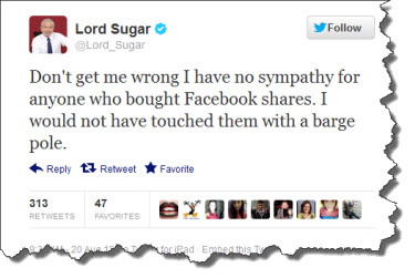 Lord Sugar Tweets about Facebook